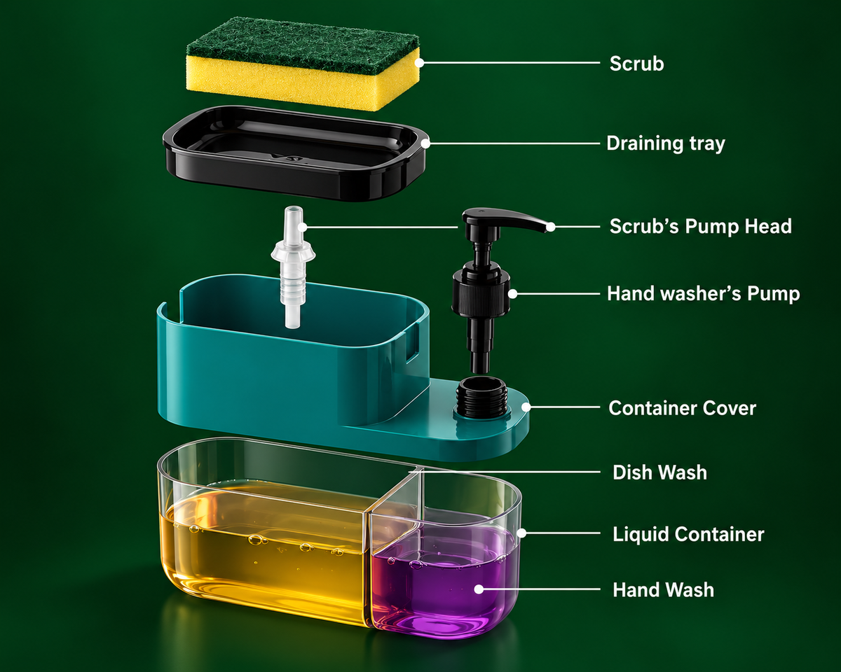 3 in 1 Soap Dispenser for Kitchen Dishwasher Liquid Dispenser Pump with Sponge Kitchen Cleaner