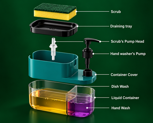 3 in 1 Soap Dispenser for Kitchen Dishwasher Liquid Dispenser Pump with Sponge Kitchen Cleaner